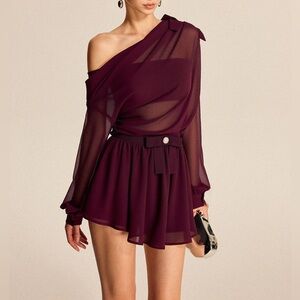 Commense One-Shoulder Sheer Long-Sleeve Mini Dress in Deep Plum